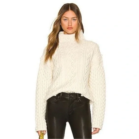 Theory Wool Cashmere Mixed Cable Knit Pom Pom Sweater Size Small NWT Ivory